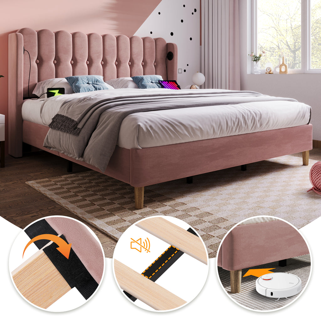 Upholstered Double Bed with USB and Type-C Charging, Bed Frame with Wooden Slatted Frame, Teenager Bed for Bedroom & Guest Room, 4ft6 135 x 190 cm Bed Frame, Pink, Velvet Material (No Mattress).
