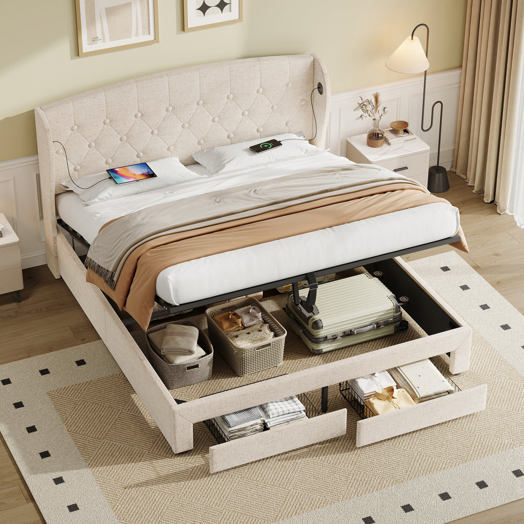 Double Upholstered Bed with Hydraulic and Drawers Storage, Button tufted Headboard with Wingback and Charging Station,  USB and Type - C Ports, No Box Spring Needed, Linen, Beige (No Mattress)