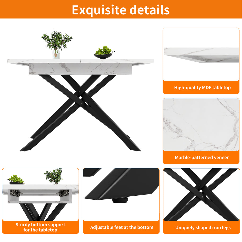 Dining table Telescopic table (120–160 cm), extendable dining table, space-saving kitchen table, black crossed iron legs, for kitchen and living room, white marbled dining table