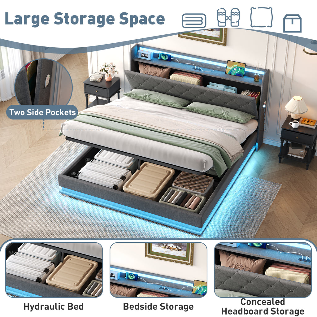 4ft6 Double Upholstered Bed Frame with Hydraulic Storage,  LED Button Tufted Headboard with Charging Station and Concealed Headboard Storage, USB and Type - C Ports, Linen, Grey (No Mattress)