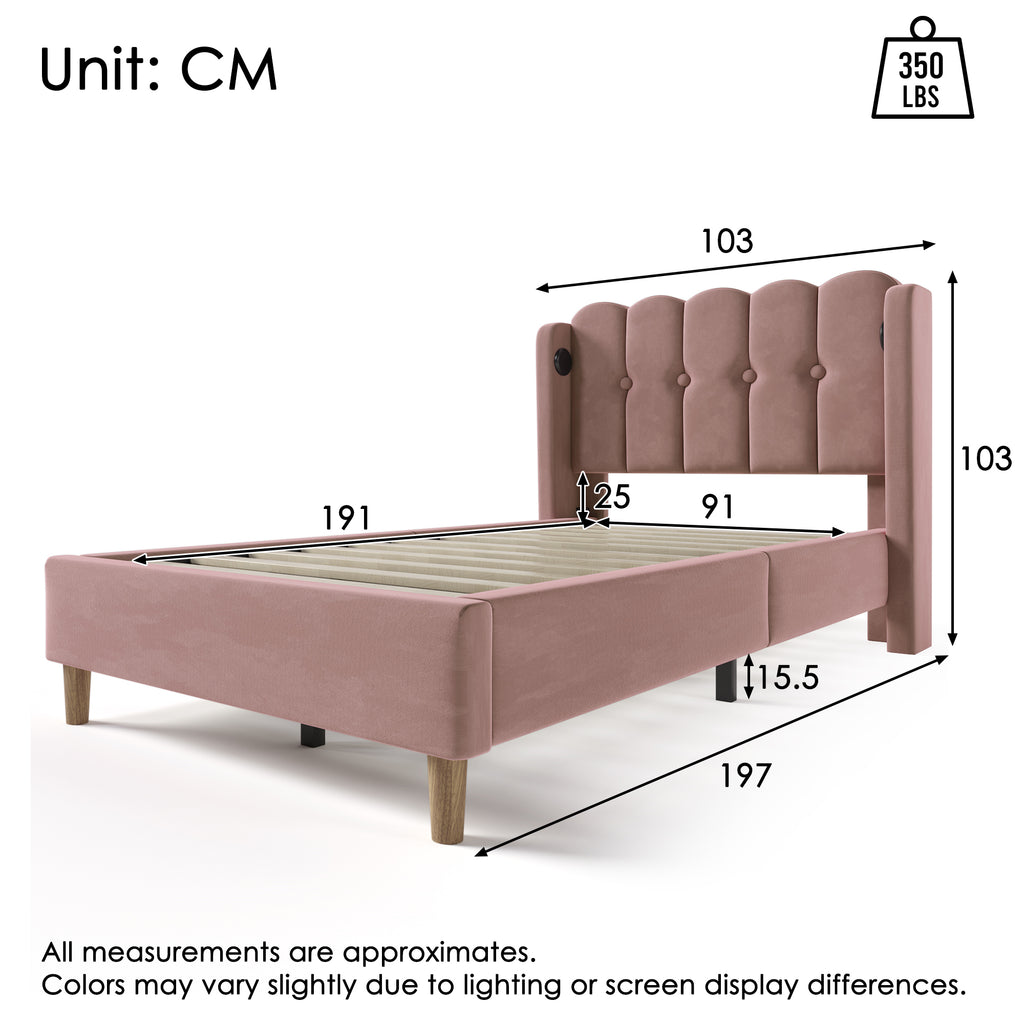Upholstered Single Bed with USB and Type-C Charging, 3FT Bed Frame with Wooden Slatted Frame, Teenager Bed for Bedroom & Guest Room, 90 x 190 cm, Pink, Velvet (No Mattress).