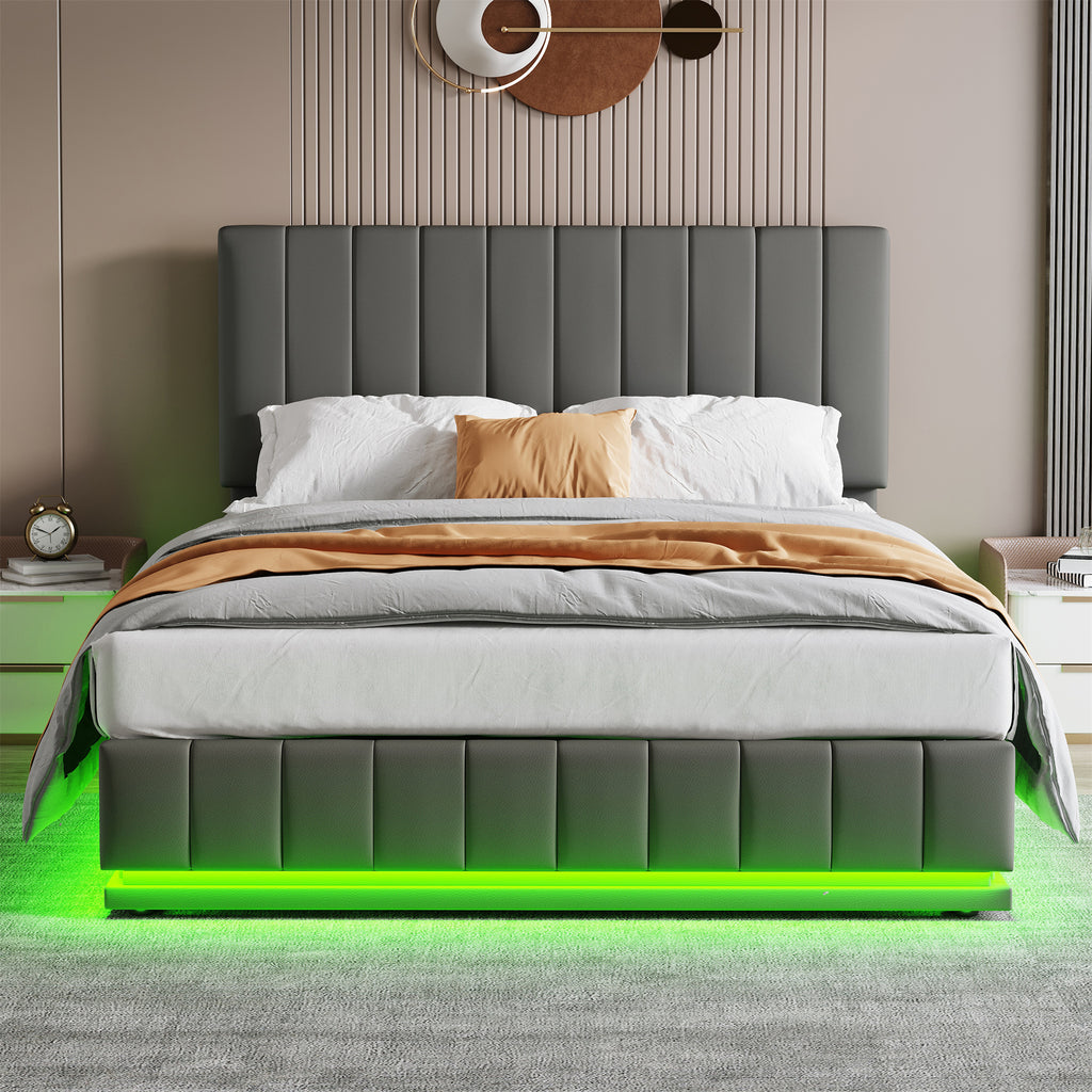 Ottoman Double Bed with LED Lighting, PU Leather Upholstered Bed with Hydraulic Storage, 4ft6 Double Bed Frame with Adjustable Channel Tufted Headboard, No Box Spring Needed, Grey (No Mattress)