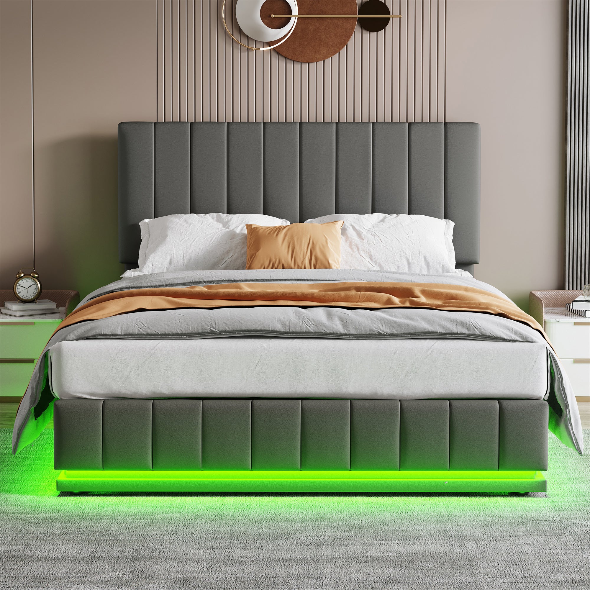 Ottoman Double Bed with LED Lighting, PU Leather Upholstered Bed with Hydraulic Storage, 4ft6 Double Bed Frame with Adjustable Channel Tufted Headboard, No Box Spring Needed, Grey (No Mattress)