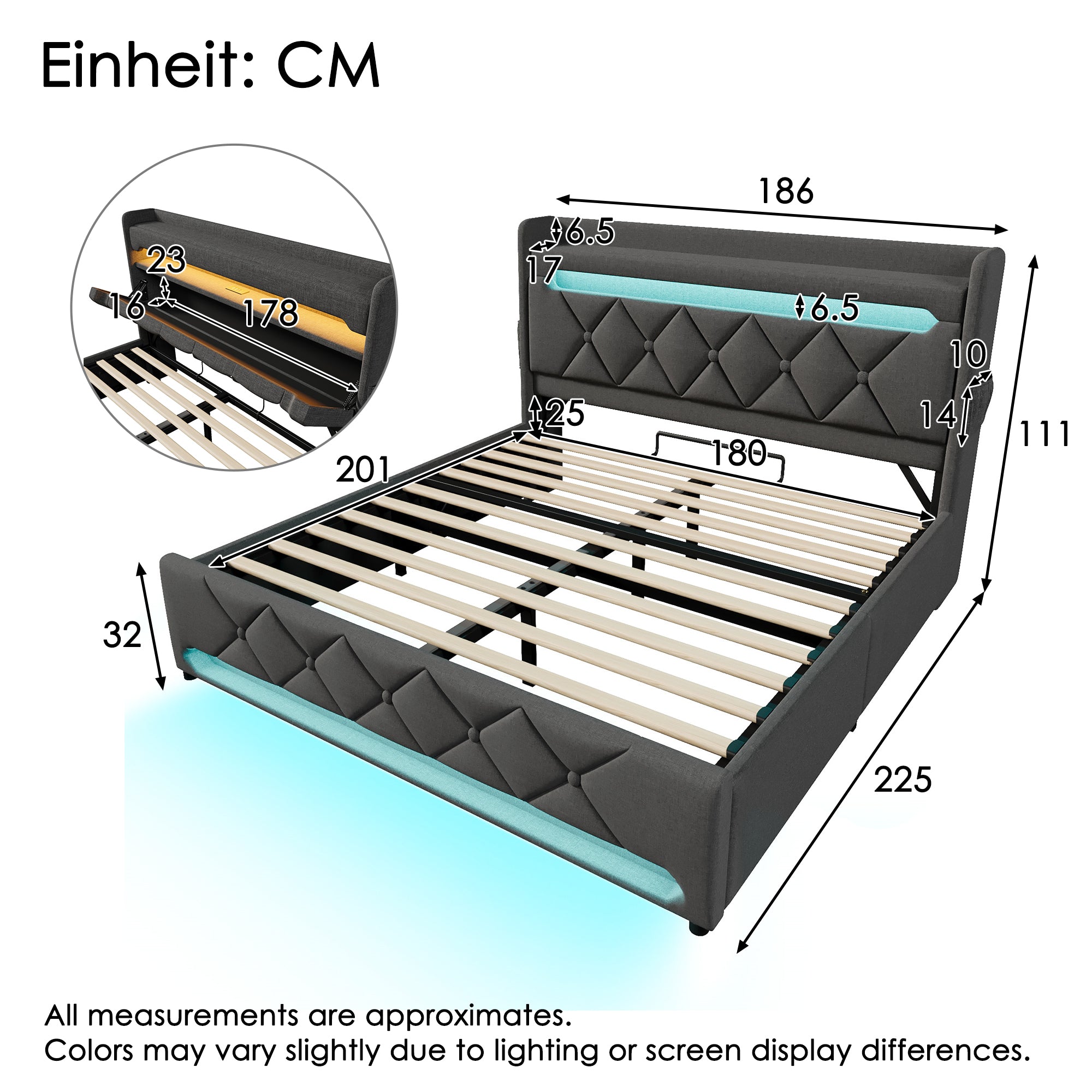 Upholstered Bed 180 x 200 cm with LED Lighting, USB Type-C Charging, Storage Headboard for Cellphones and Tablets, 6ft Hydraulic Storage Bed with Metal Slatted Frame, Linen, Grey (No Mattress)