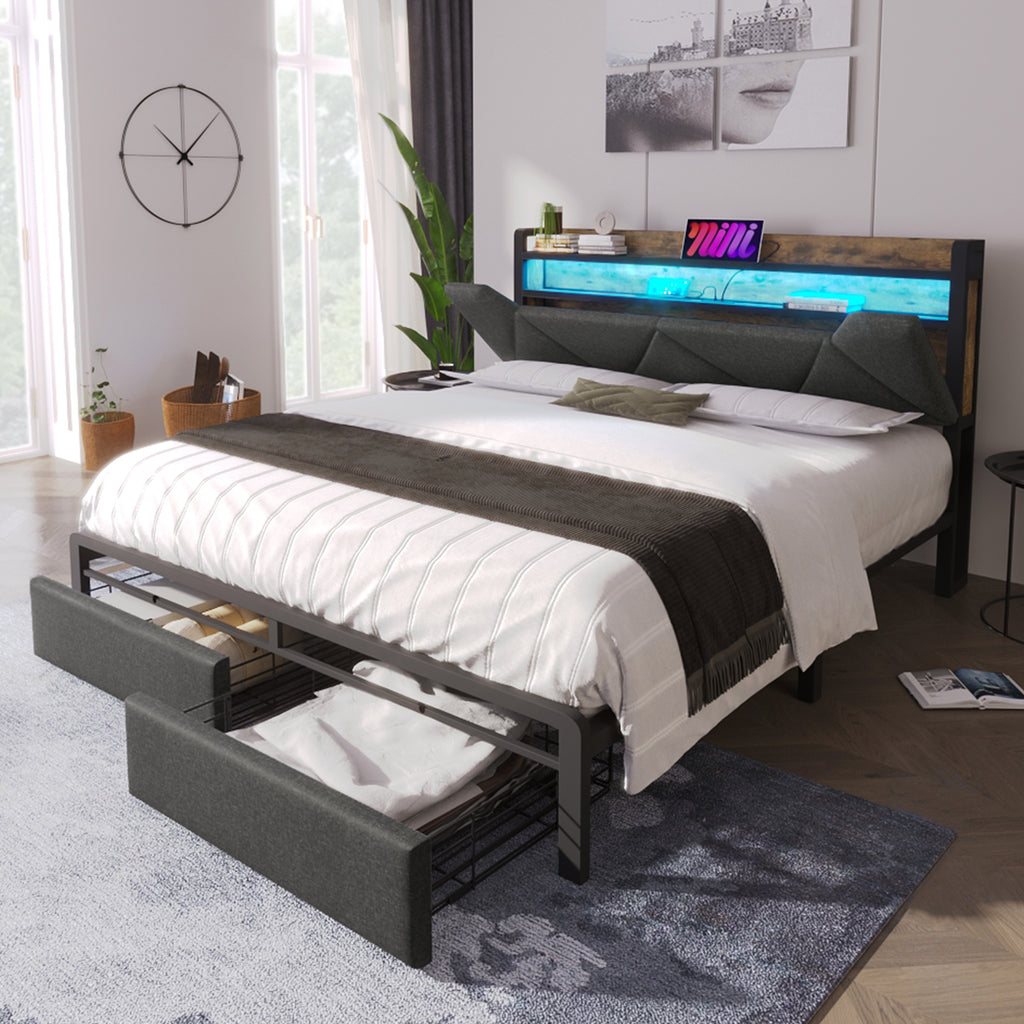 Upholstered Double Bed with LED Lighting, USB Type-C Charging Function, Storage Headboard and Drawers, 4ft6 Double Bed 135 x 190 cm, Storage Bed Frame with Metal Slatted Frame,Linen, Grey(No Mattress)