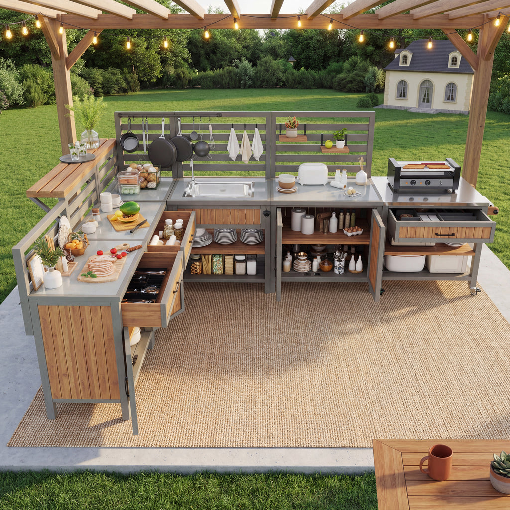 BBQ side table, mobile garden cabinet, weatherproof, stainless steel worktop, wooden garden cabinet, outdoor weatherproof tool cabinet, outdoor cabinet with large work surface and drawer
