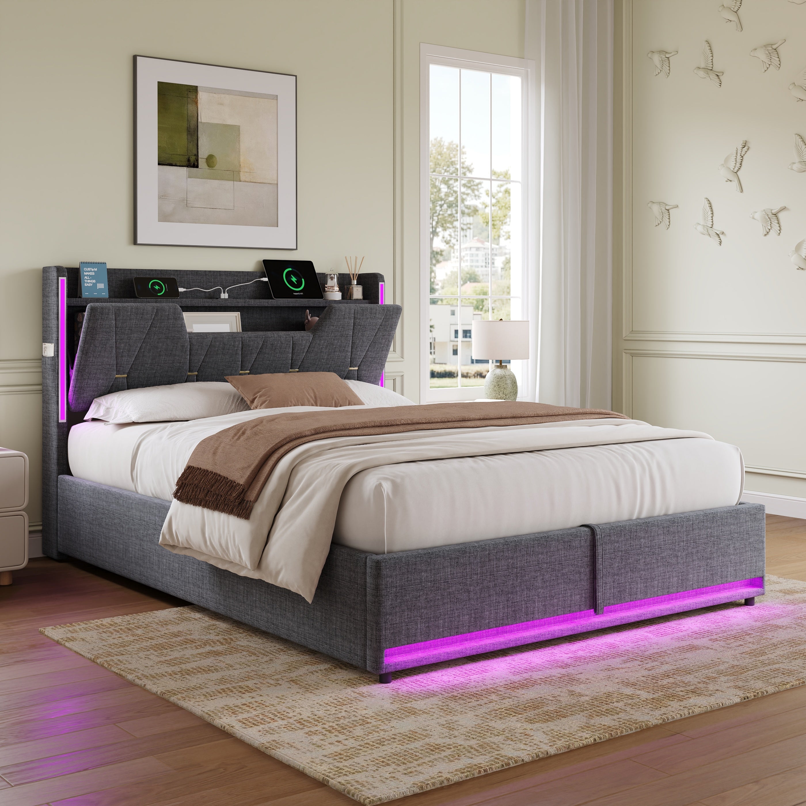 4ft6 Double Upholstered Bed Frame with Hydraulic Storage,  LED X-Shape Headboard with Charging Station and Flip-top Headboard Storage, USB and Type - C Ports, Linen, Grey (No Mattress)