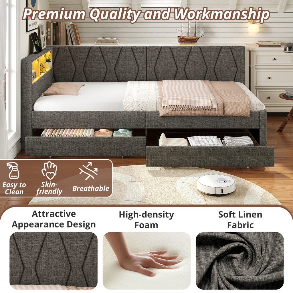 3ft Single Daybed with Two Storage Drawers, LED Modern Bed frame with Charging Station, Linen Sofa Bed for Living Room/ Bedroom/ Study Room, 90X190cm, Easy Assembly, Grey (No Mattress)