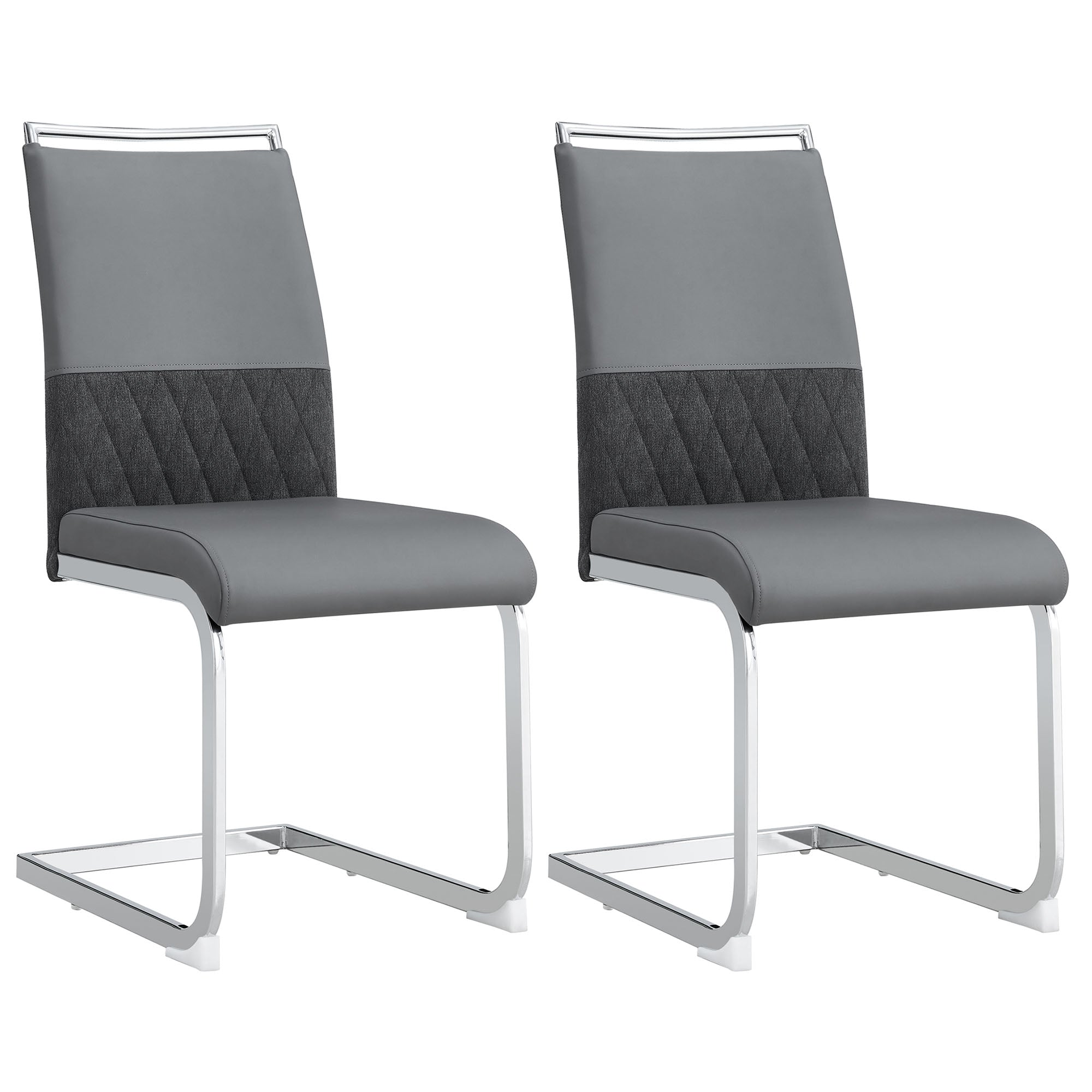 Modern dining chairs set of 2, backrest made of PU faux leather and linen, high back padded side chair, horizontal stripes backrest design for dining room, kitchen, guest office chair, gray