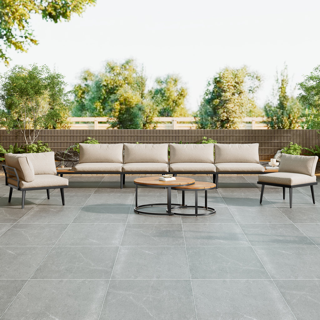 Modular Outdoor Sofa Set with Galvanized Iron Frame, Washable Cushions, Acacia Wood Nesting Tables, for Patio & Garden