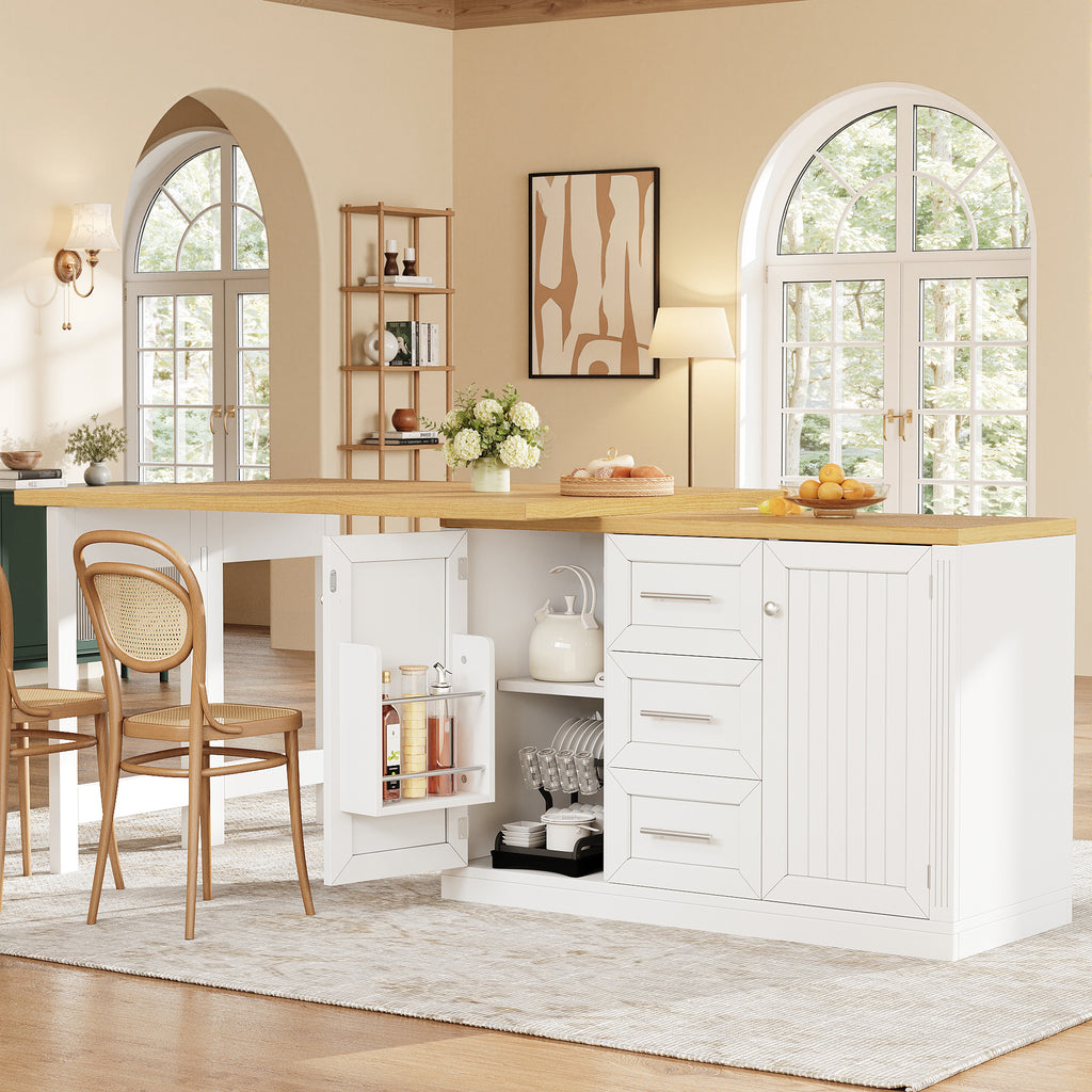 Extendable Sideboard & Table Combo, 120-180 cm Adjustable Dining Table with Storage, 3 Drawers & Snack racks, Space-Saving kitchen island for Small Flats, White/Antique Green