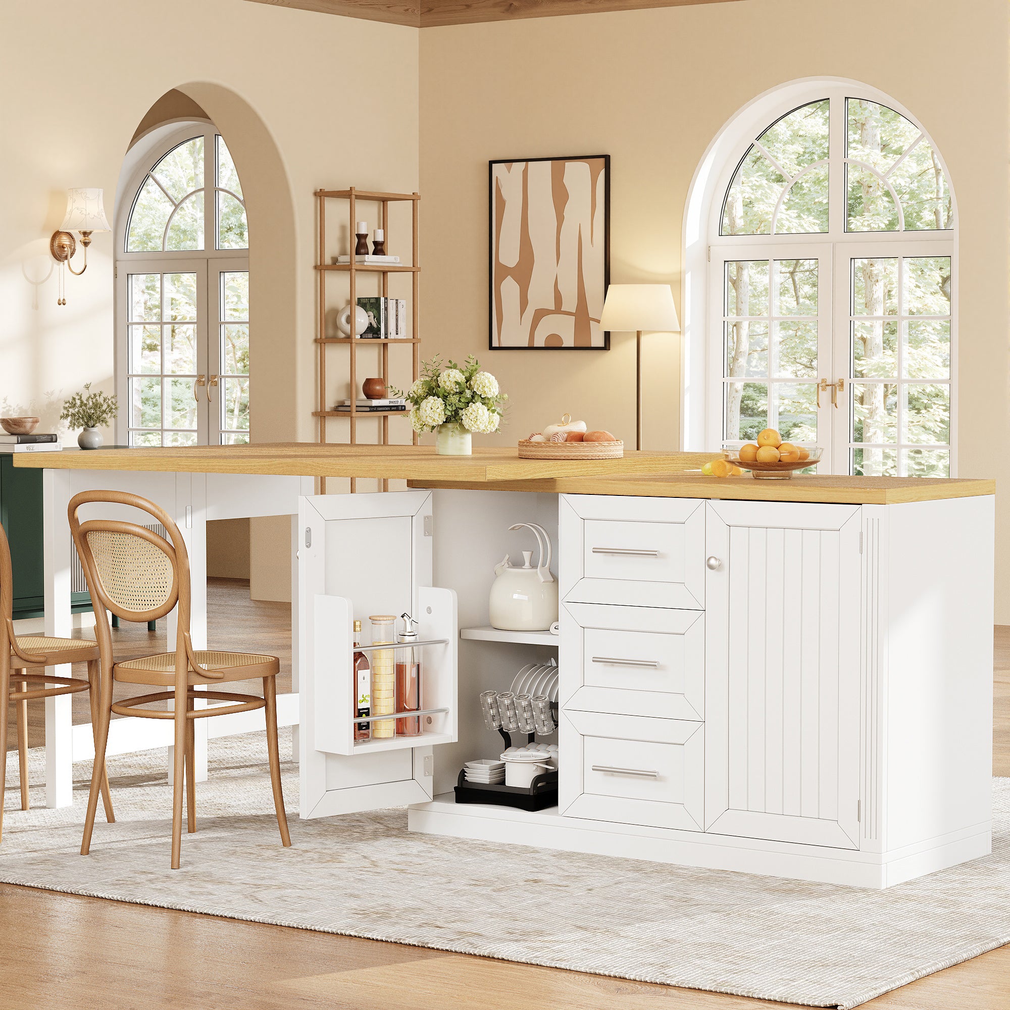 Extendable Sideboard & Table Combo, 120-180 cm Adjustable Dining Table with Storage, 3 Drawers & Snack racks, Space-Saving kitchen island for Small Flats, White/Antique Green