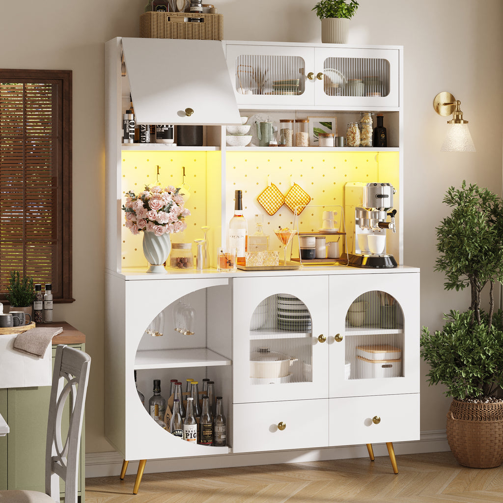 Tall Kitchen Cabinet with LED Lights & USB Ports, Modern Sideboard Storage Cabinet with Power Outlets, Perforated Wall, Drawer & Glass Shelves, for Kitchen & Living Room, 120x40x176 cm, White