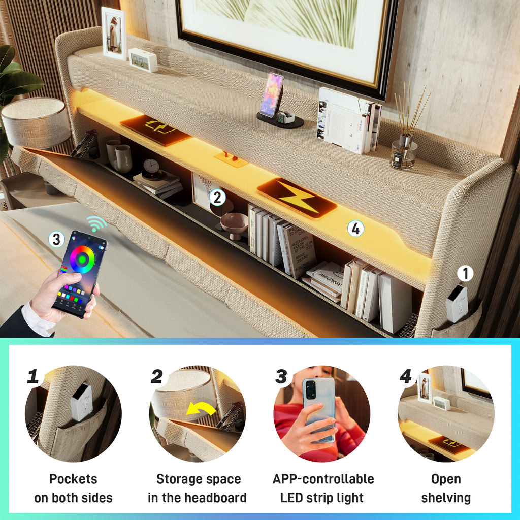 Upholstered Bed 135 x 190 cm with LED Lighting, USB Type-C Charging, Storage Headboard for Cellphones and Tablets, 4ft6 Hydraulic Storage Bed with Metal Slatted Frame, Linen, Beige (No Mattress)