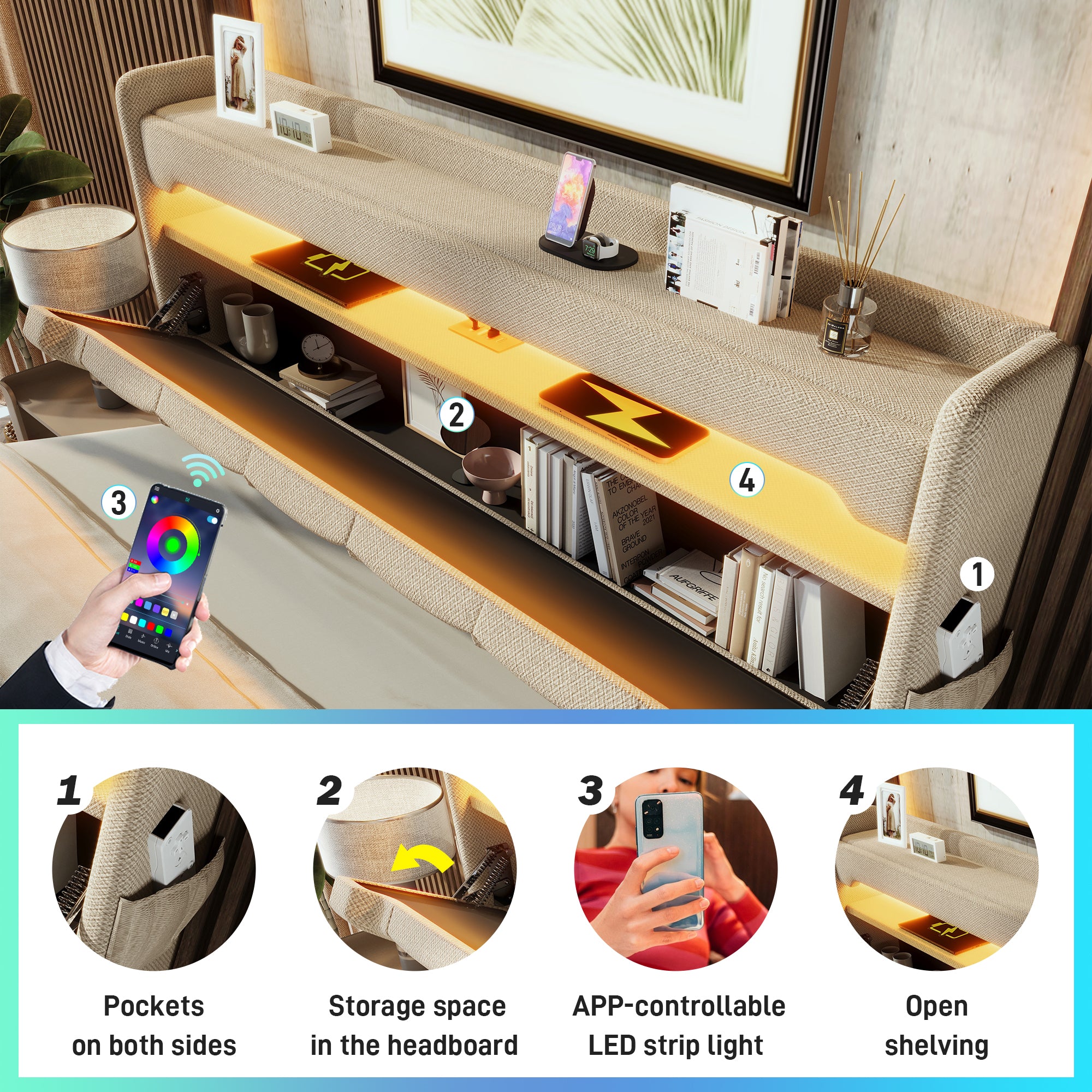Upholstered Bed 135 x 190 cm with LED Lighting, USB Type-C Charging, Storage Headboard for Cellphones and Tablets, 4ft6 Hydraulic Storage Bed with Metal Slatted Frame, Linen, Beige (No Mattress)