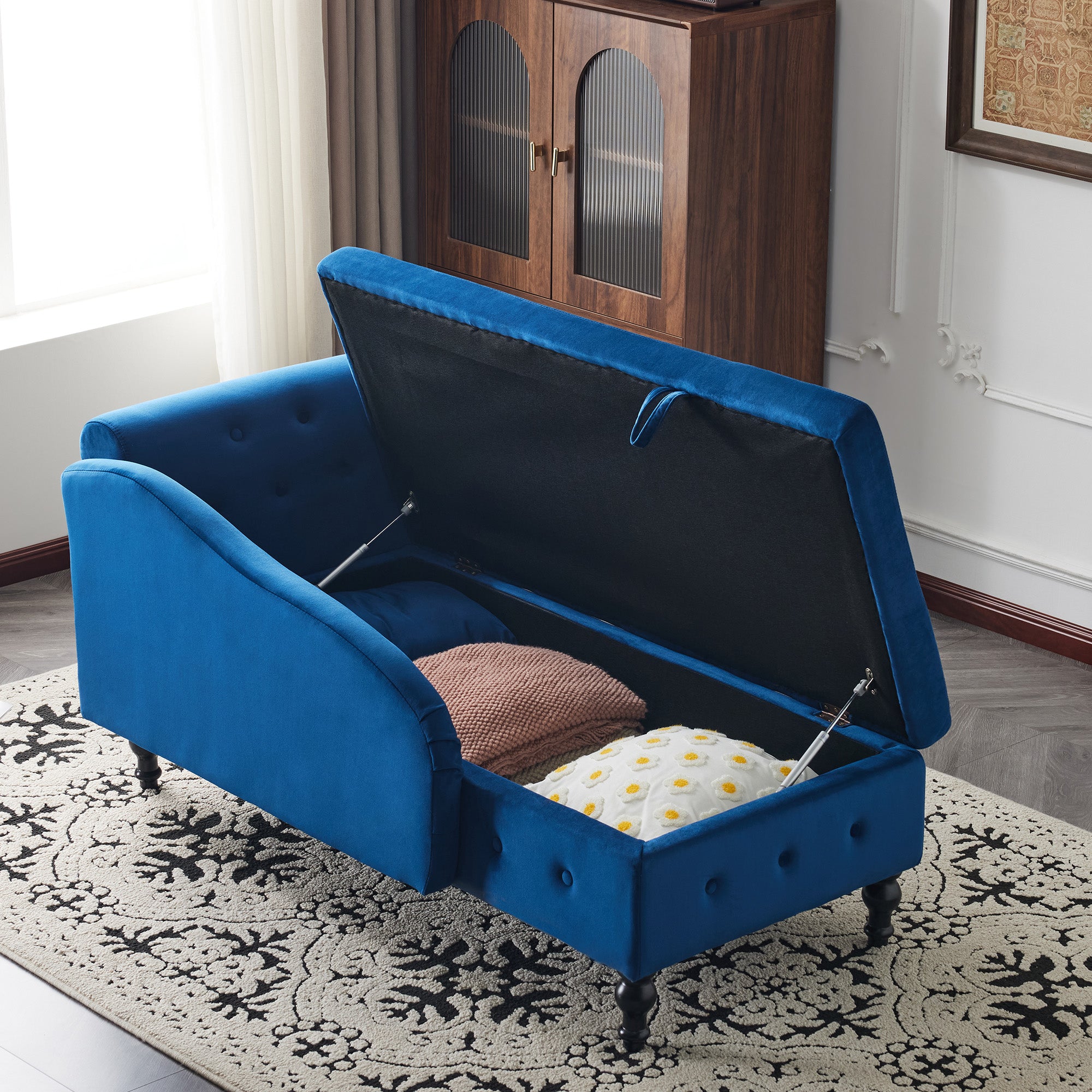 Velvet Chaise Lounge Sofa with Storage, Upholstered Chaise lounge Couch with Pillow for Living Room, Modern Nailhead-Trim & Button-tufted Lounge Chair, Bedroom and Office, Right Armrest