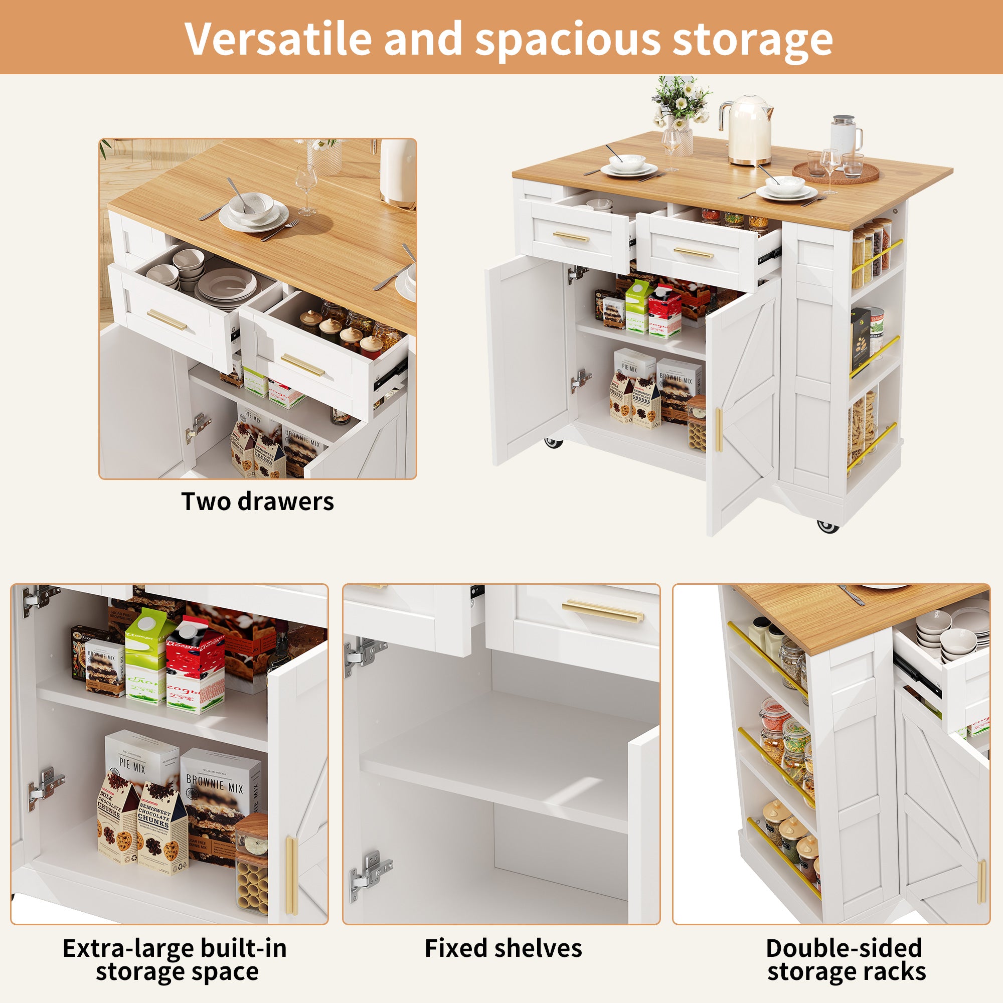 Kitchen Island on Wheels, Rolling Island Cart with 2 Drawers and Double-Sided Storage Racks, Storage Cabinet with Foldable Worktop, Mobile Carts, Portable Trolley for Home and Kitchen, White