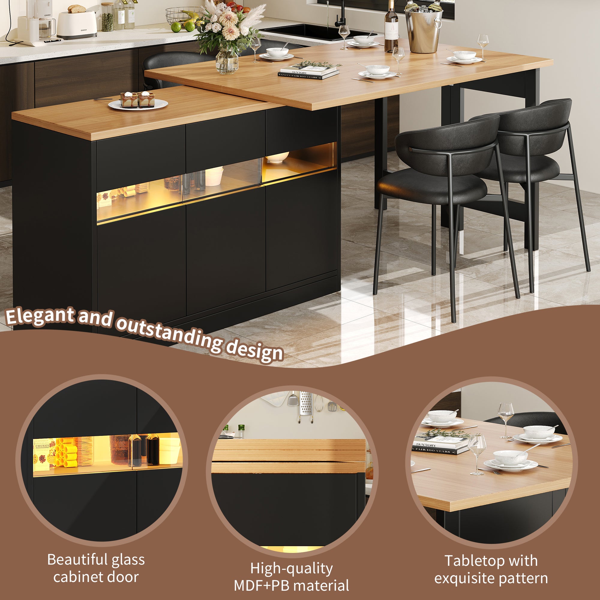 Extendable bar table with LED lighting and 360° swivel function, adjustable length 120-180 cm, modern kitchen island table with storage space, for living room, dining room, home office