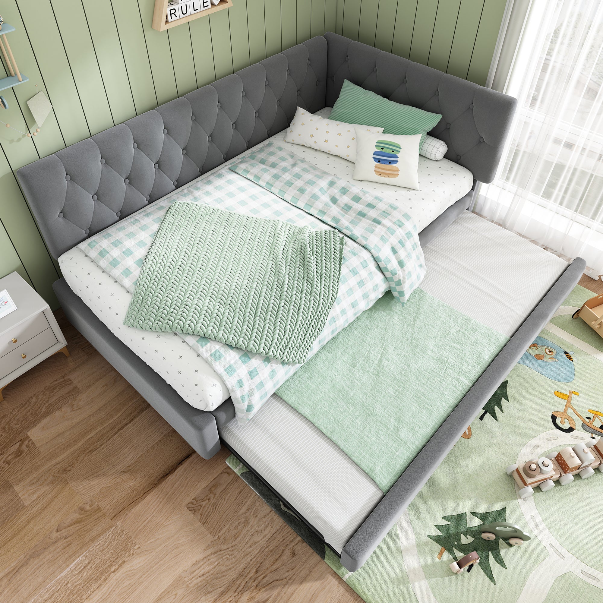 Upholstered Bed Daybed with Pull-Out Bed, 3FT Single Sofa Bed 90 x 190 cm, Ottoman Bed Trundle Beds for Adults and Kids, Bed with Slatted Frame, Velvet, Grey (No Mattress)