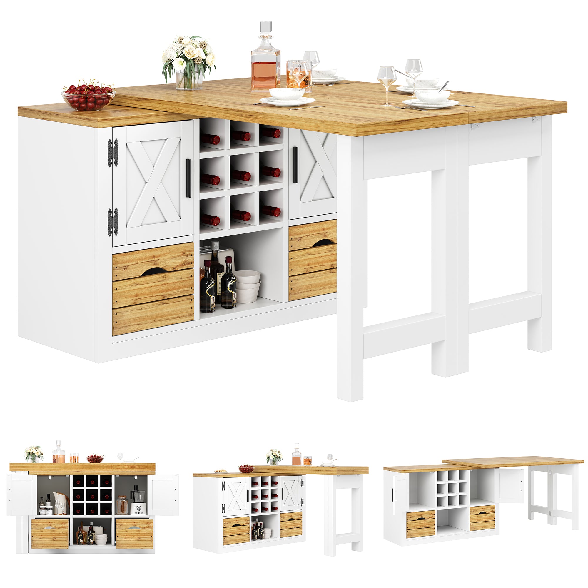 Extendable kitchen island dining table, Multifunctional dining table with sideboard, 360° rotating tabletop, extendable kitchen table with ample storage space, living room wall unit, white