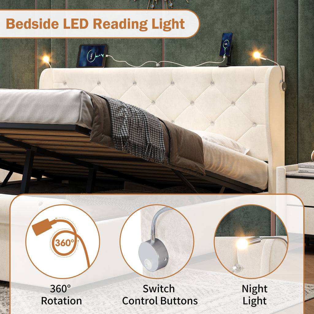 4ft6 Double Upholstered Bed Frame with Hydraulic Storage,  Diamond Tufted Headboard with Charging Station and Reading Light, USB and Type - C Ports, Velvet, Beige (No Mattress)