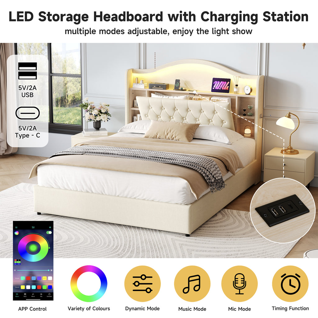4ft6 Double Upholstered Bed Frame with Hydraulic Storage, LED Curved Button Tufted Headboard with Charging Station and Concealed Headboard Storage, USB and Type - C Ports, Linen, Beige (No Mattress)