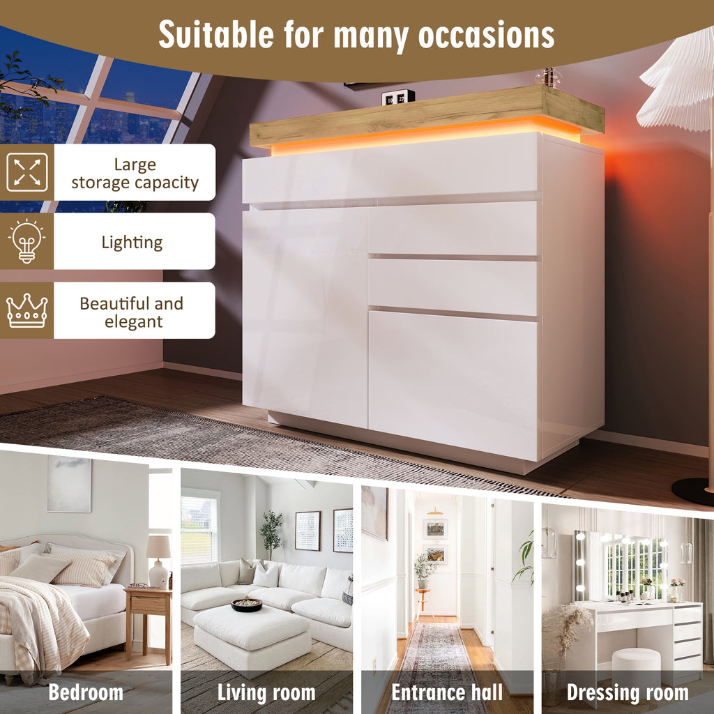 Chest of Drawers,High-gloss Sideboard Cabinet with 2 Doors and 3 Drawers,Storage with RGB LED(App-controlled),Multi-purpose Cabinet for Living Room and Bedroom, 115 x 110 x 39 cm, White