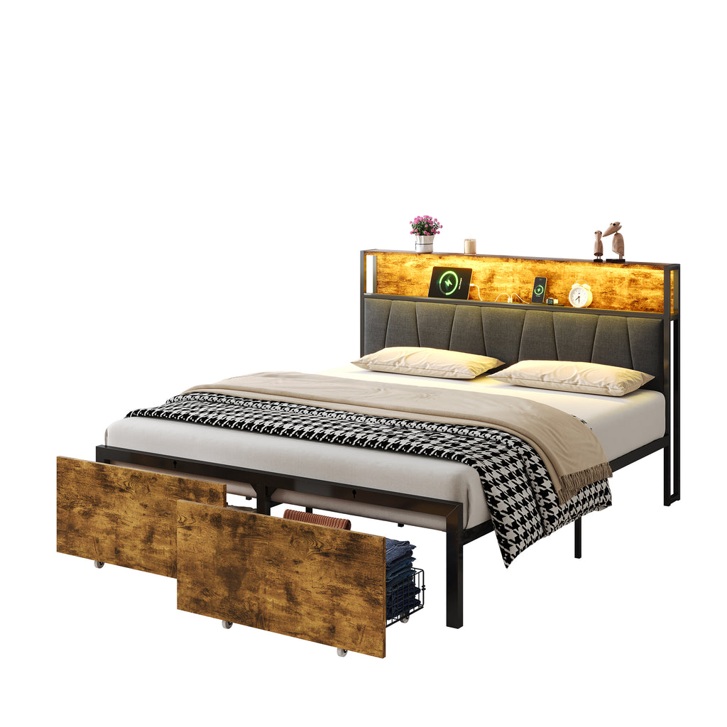 4ft6 Double Bed Frame with 2 Storage Drawers, RGB LED Storage Headboard with Charging Station, Metal Platform Bed Frame, No Box Spring Needed, Easy Assembly, Black+Walnut (No Mattress)