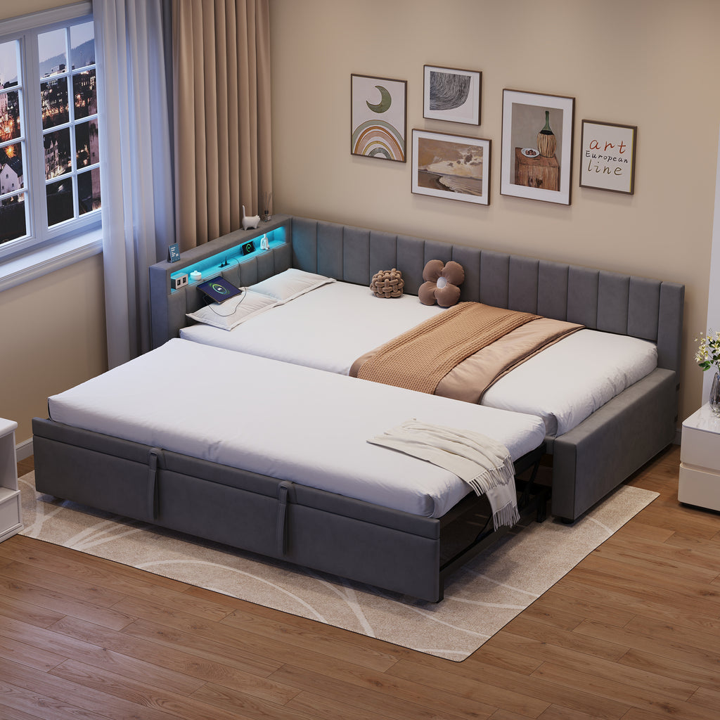 3ft Single Velvet Daybed, Sofa Bed with RGB LED Lights and Charging Station, Upholstered Sofa Bed with Trundle, Pull out Trundle Bed for Living Room, Bedroom or Study, Grey (No Mattress)
