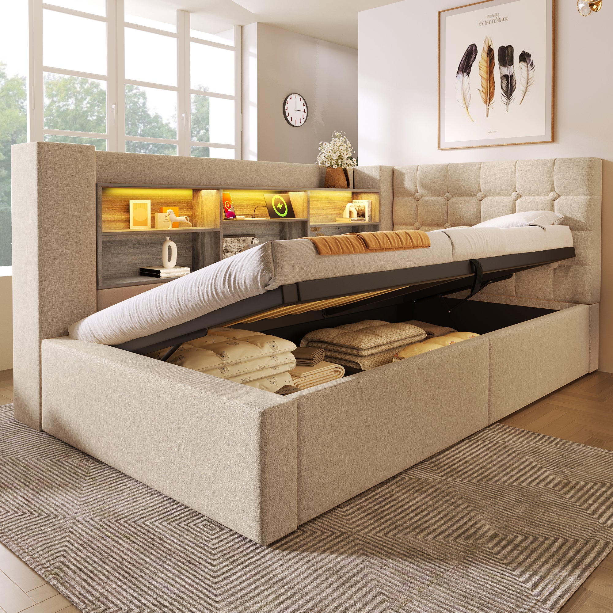 Daybed Upholstered Bed 90 x 190 cm, 3FT Single Sofa Bed with Hydraulic Storage, USB &Type-C Charging Station, Single Bed for Living Room and Bedroom, Linen, Beige (No Mattress)