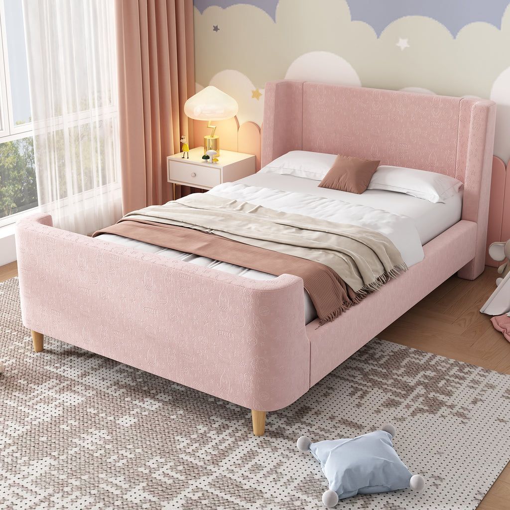 3FT Upholstered Bed, 90 x 190 cm Single Bed with Cosmic Pattern, Sleigh-style Teen Bed, Bed Frame for Boys and Girls, Pink, Velvet (Without Mattress)