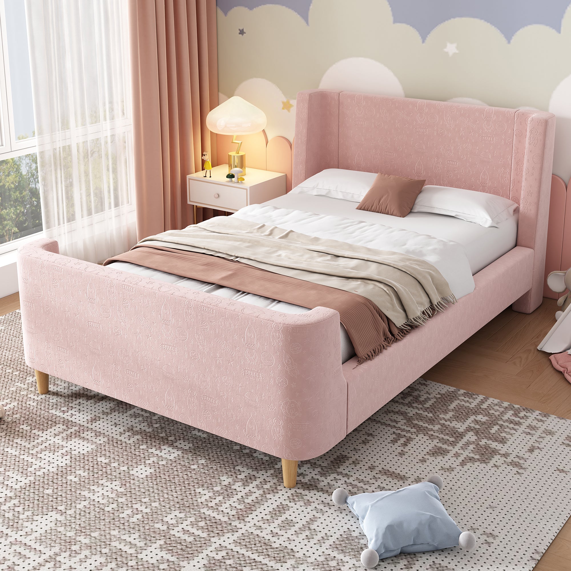 3FT Upholstered Bed, 90 x 190 cm Single Bed with Cosmic Pattern, Sleigh-style Teen Bed, Bed Frame for Boys and Girls, Pink, Velvet (Without Mattress)