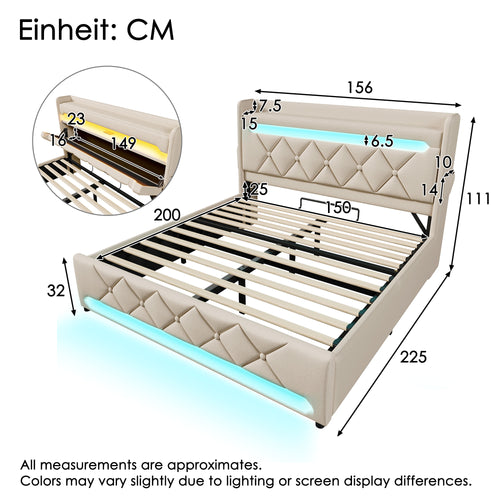 Upholstered Bed 150 x 200 cm with LED Lighting, USB Type-C Charging, Storage Headboard for Cellphones and Tablets, 5ft Hydraulic Storage Bed with Metal Slatted Frame, Linen, Beige (No Mattress)