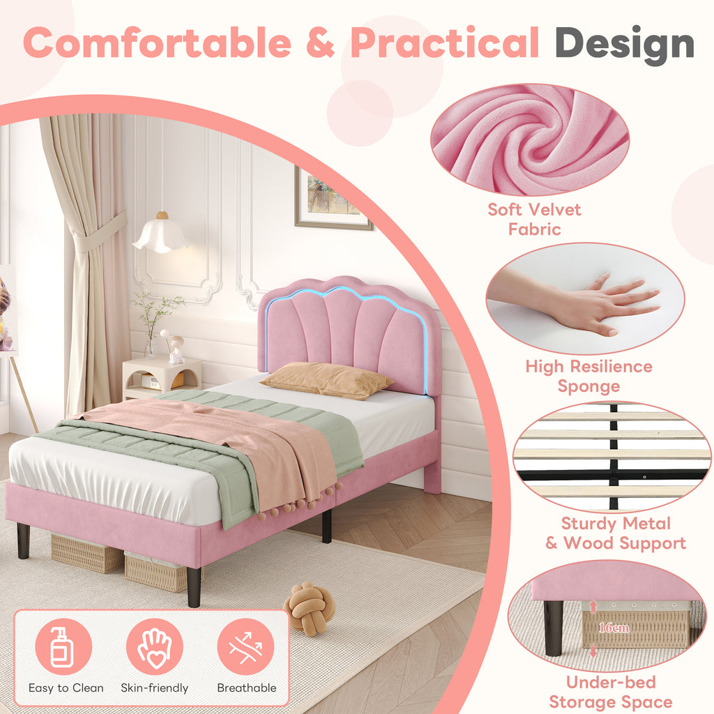 3ft Single Upholstered Bed with LED Adjustable Shell Shape Headboard, Soft Velvet Bed Frame with Solid Wood Slat, No Box Spring Needed, Easy Assembly, Pink (No Mattress)