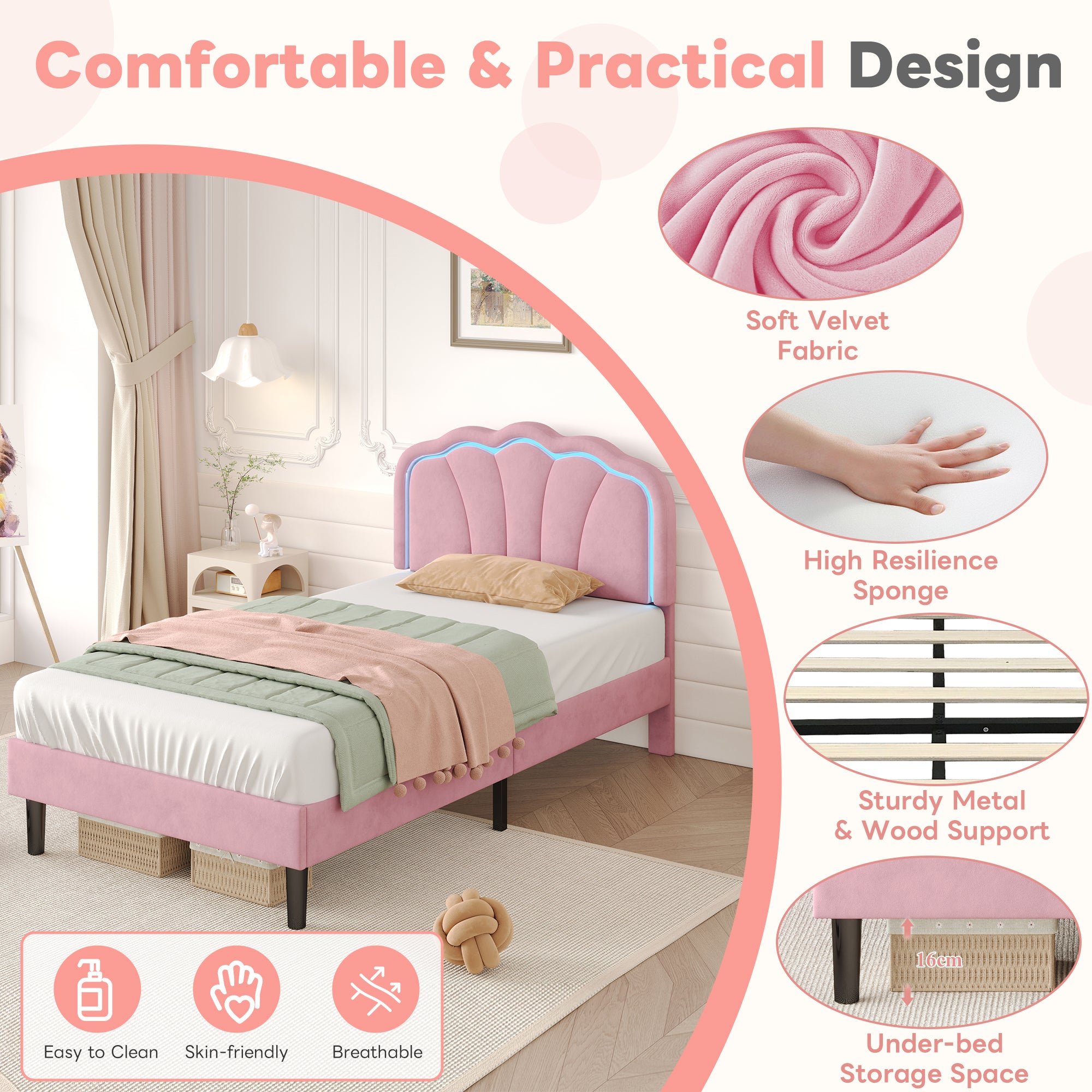 3ft Single Upholstered Bed with LED Adjustable Shell Shape Headboard, Soft Velvet Bed Frame with Solid Wood Slat, No Box Spring Needed, Easy Assembly, Pink (No Mattress)