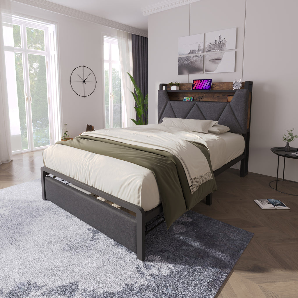 Upholstered Single Bed with LED Lighting, USB Type-C Charging Function, Storage Headboard and Drawers,  3ft Single Bed 90 x 190 cm, Storage Bed Frame with Metal Slatted Frame,Linen, Grey(No Mattress)