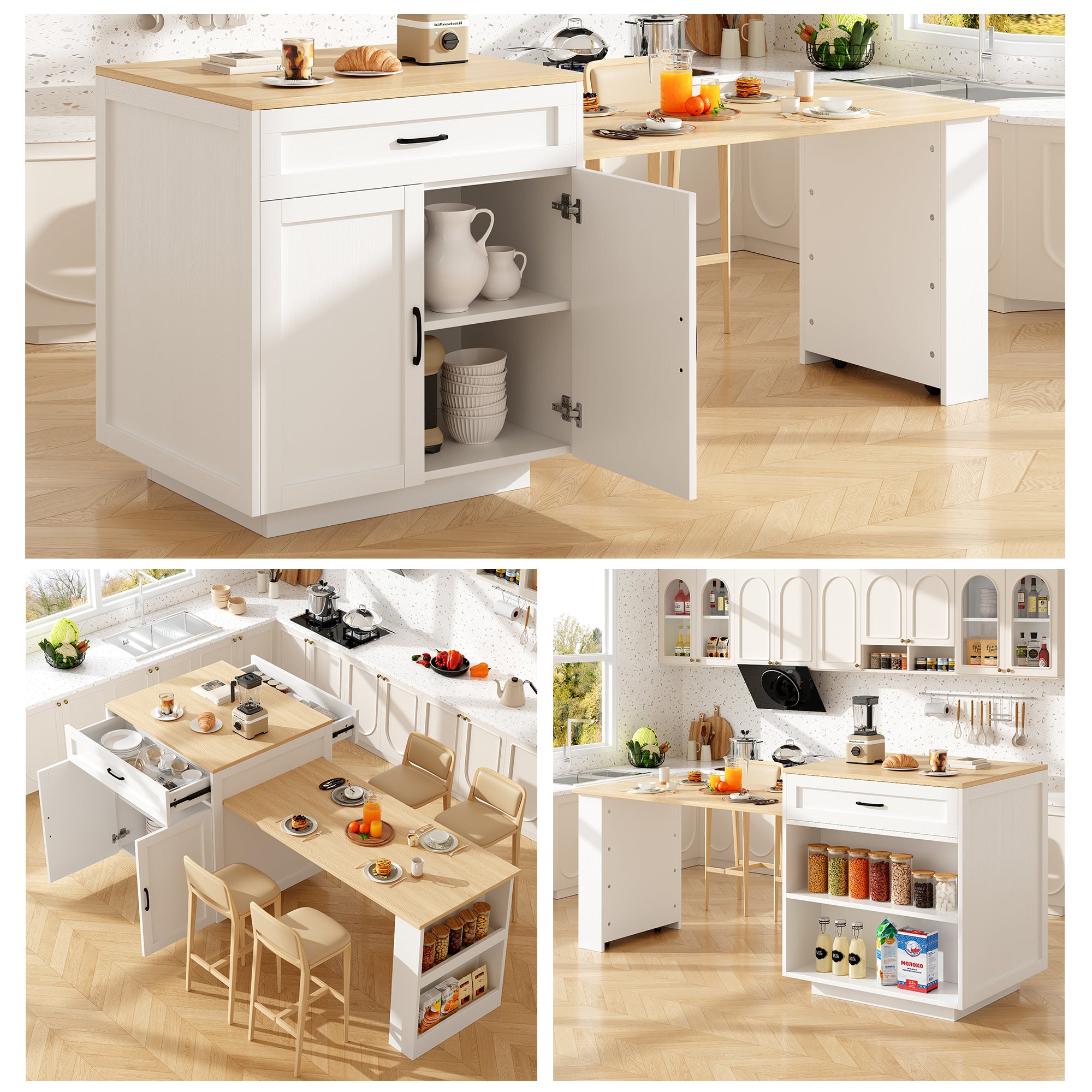 Extendable Bar Table with Storage (133–202 × 70 × 93.5 cm), with 2 Drawers and 2 Compartments, Expandable Kitchen Island Table for 2–6 People, Kitchen Dining Cart with Side Shelves, White.