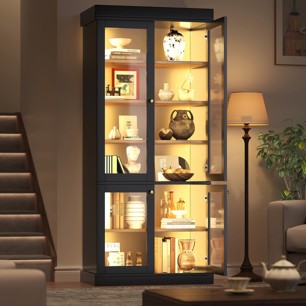 Modern freestanding cabinet with integrated LED mood lighting, glass display case, well-designed interior layout and anti-tip protection; stable, safe and versatile for home use; black