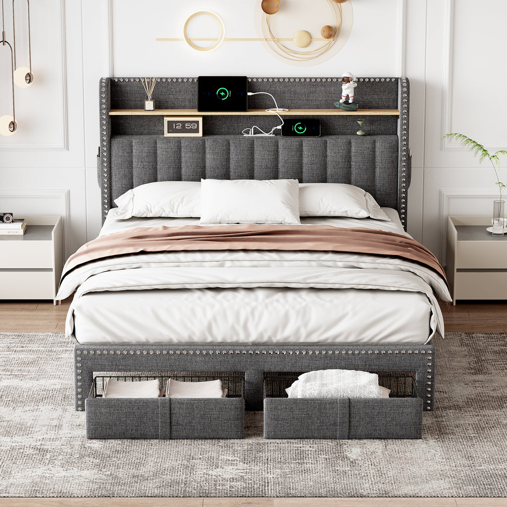 4ft6 Double Upholstered Bed with 2 Storage Drawers, Riveted Storage Bed with Charging and Lighting, Linen Platform Bed Frame No Box Spring Needed, Easy Assembly, Grey (No Mattress)