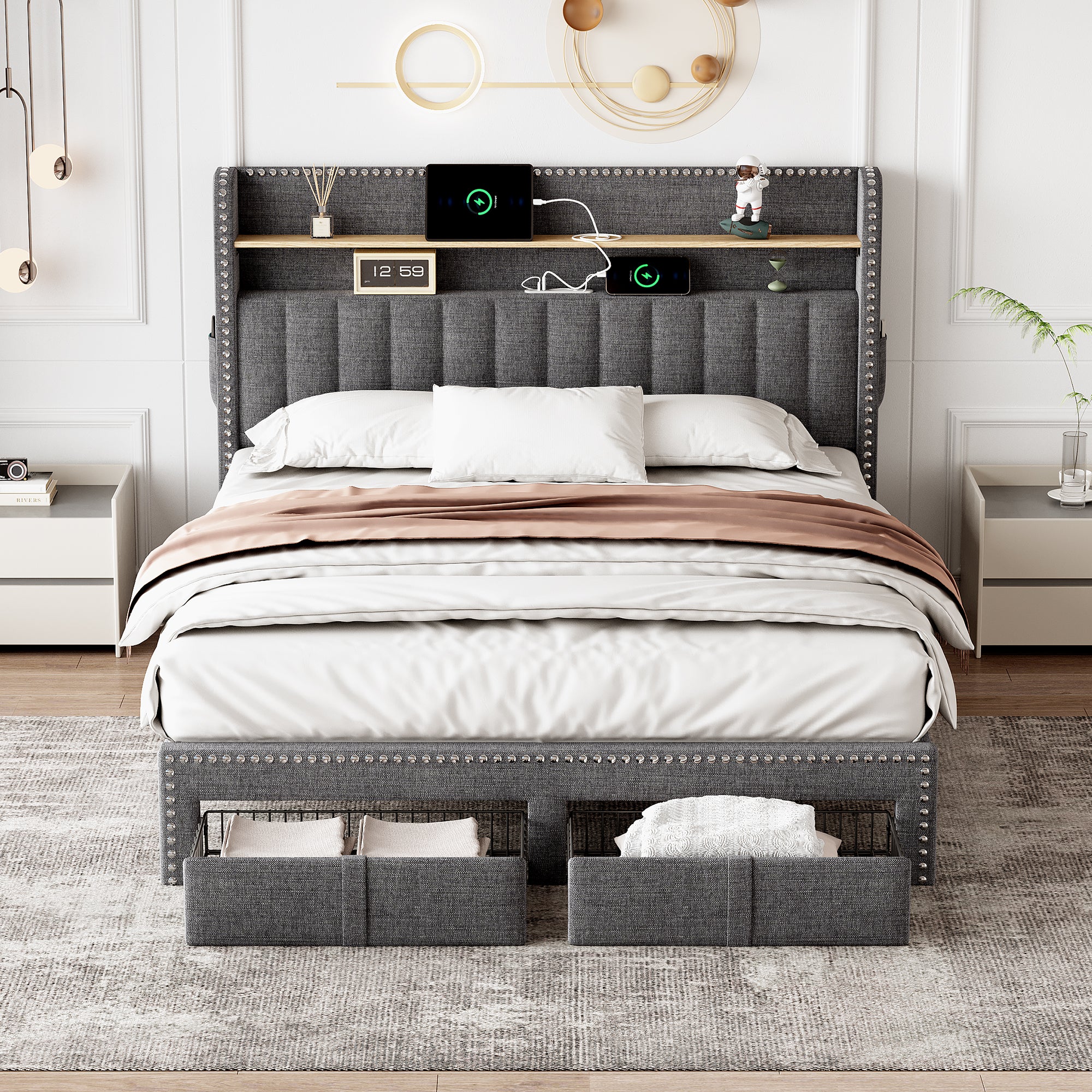 4ft6 Double Upholstered Bed with 2 Storage Drawers, Riveted Storage Bed with Charging and Lighting, Linen Platform Bed Frame No Box Spring Needed, Easy Assembly, Grey (No Mattress)