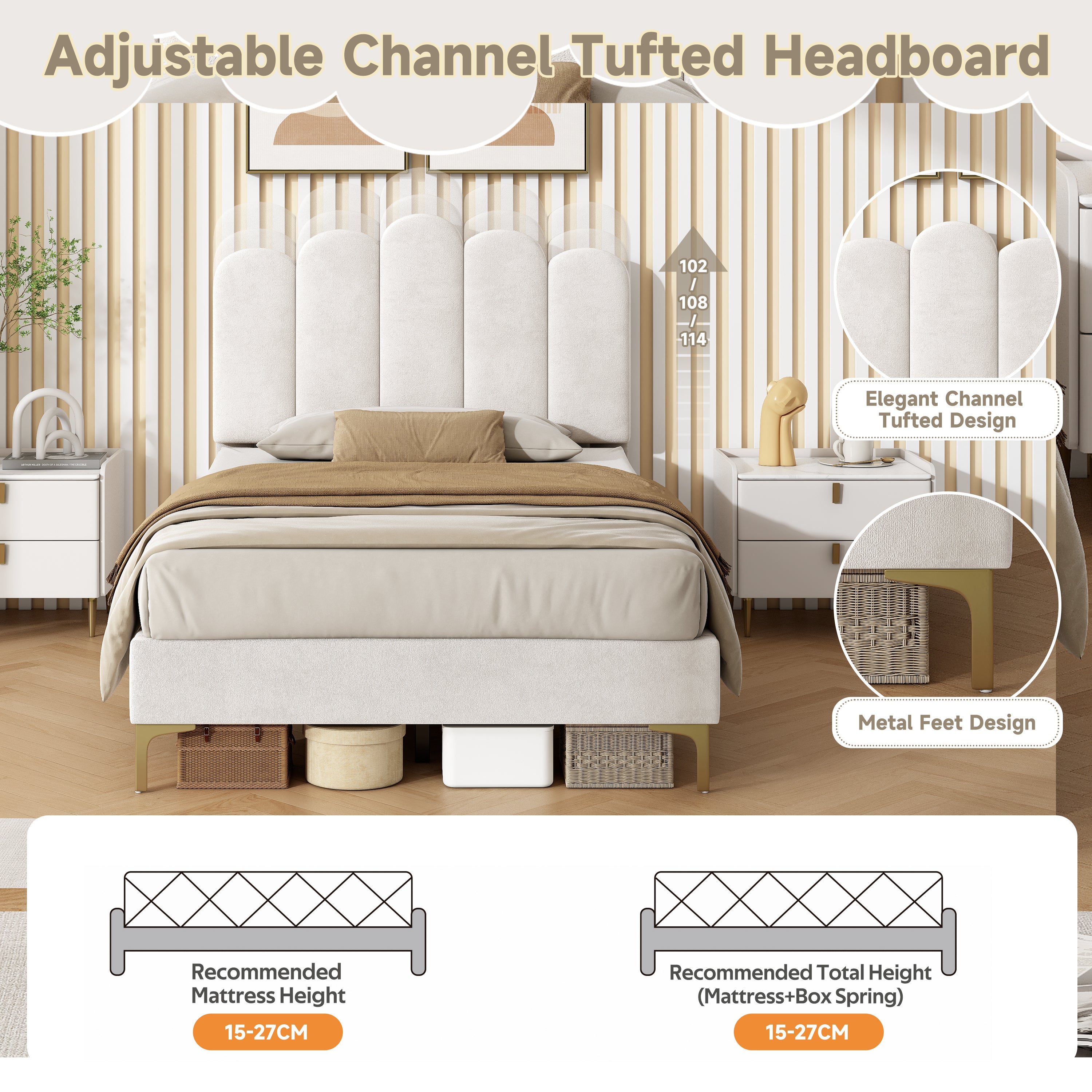 3ft Single  Premium Velvet Upholstered Bed Frame with Scalloped Channel Tufted Design, Height Adjustable Headboard & Gold Metal Feet, Under-bed Storage Space, No Box Spring Needed, Beige (No Mattress)