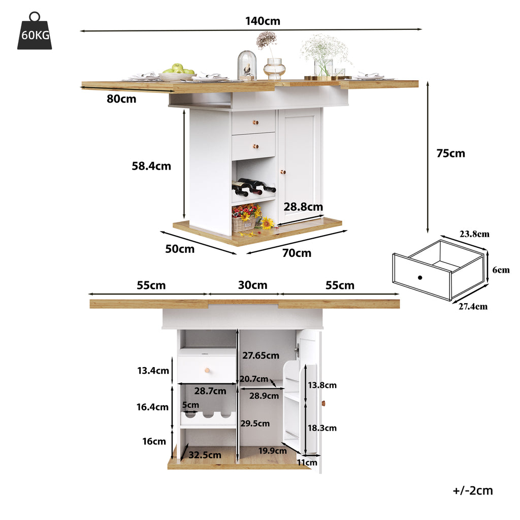 Extendable Dining Table Telescopic Table (110-140×80cm), Foldable Kitchen Table for 4-6 People, Expandable Dining Table, Space-Saving Kitchen Table, for Kitchen and Living Room, Table with Snack Rack