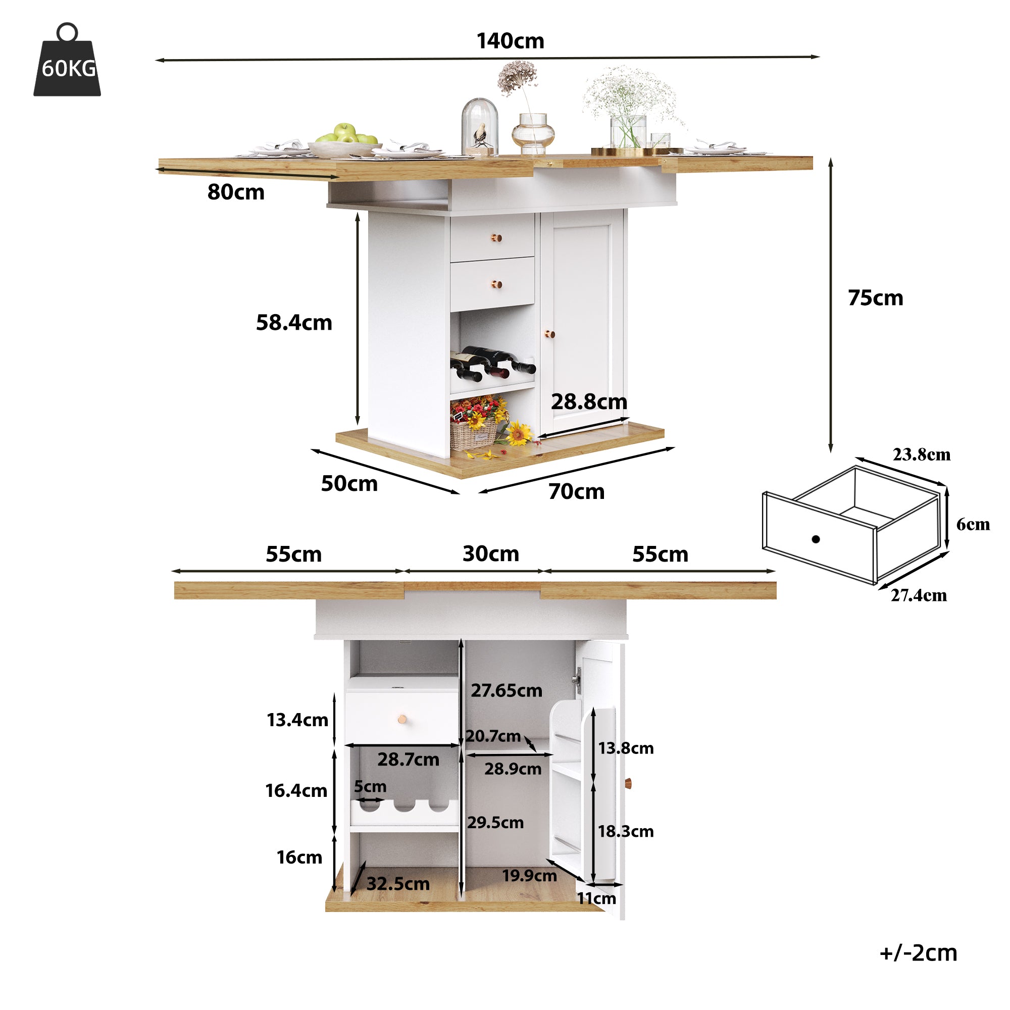 Extendable Dining Table Telescopic Table (110-140×80cm), Foldable Kitchen Table for 4-6 People, Expandable Dining Table, Space-Saving Kitchen Table, for Kitchen and Living Room, Table with Snack Rack