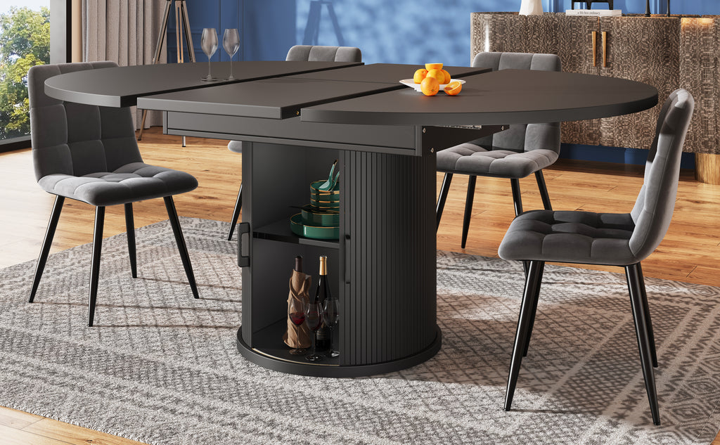 Extendable dining table, dining room table, kitchen table, balcony table, extendable table top Round dining table, extends to oval, 118–158 cm, seats up to 6 people, walnut/black