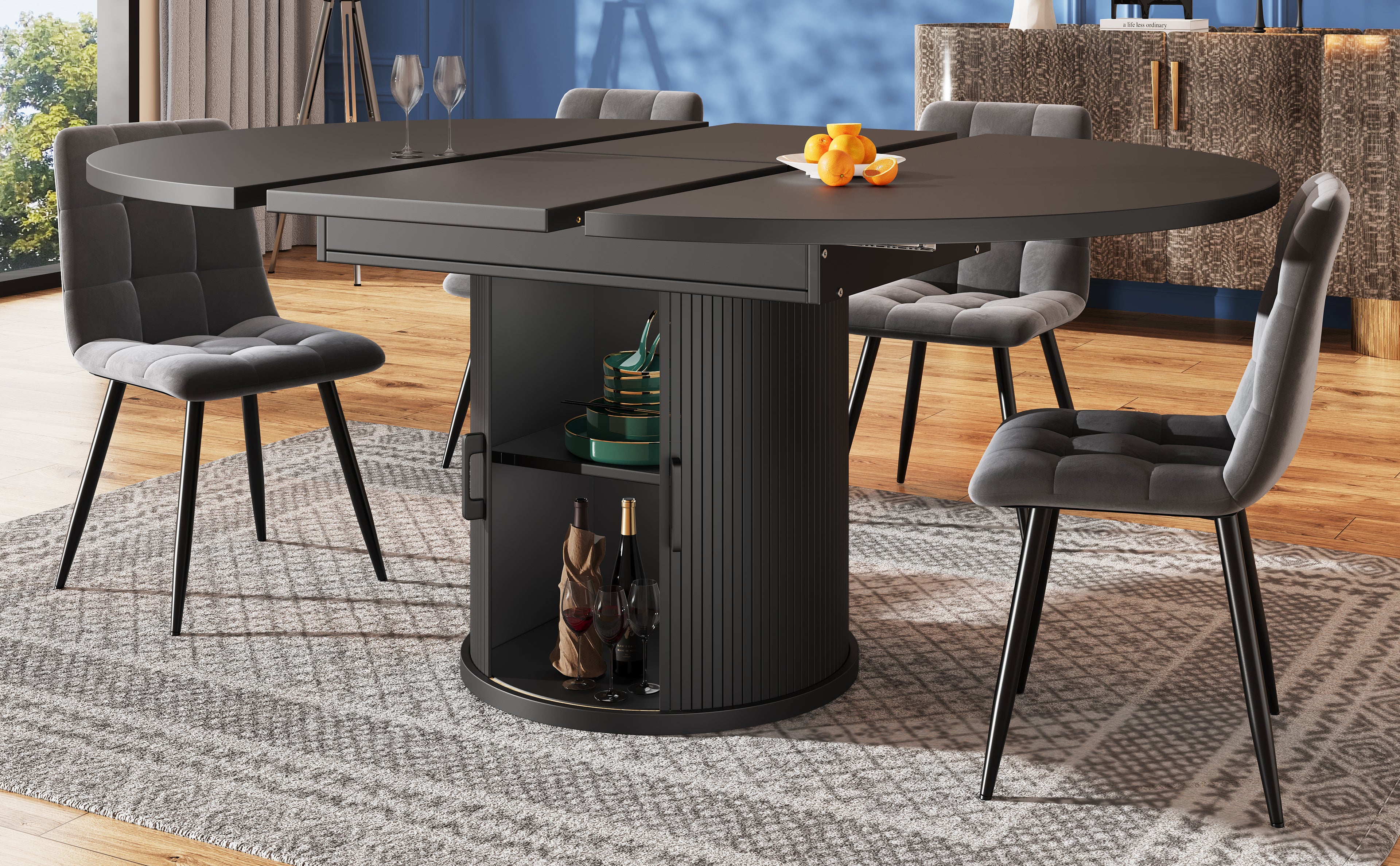 Extendable dining table, dining room table, kitchen table, balcony table, extendable table top Round dining table, extends to oval, 118–158 cm, seats up to 6 people, walnut/black
