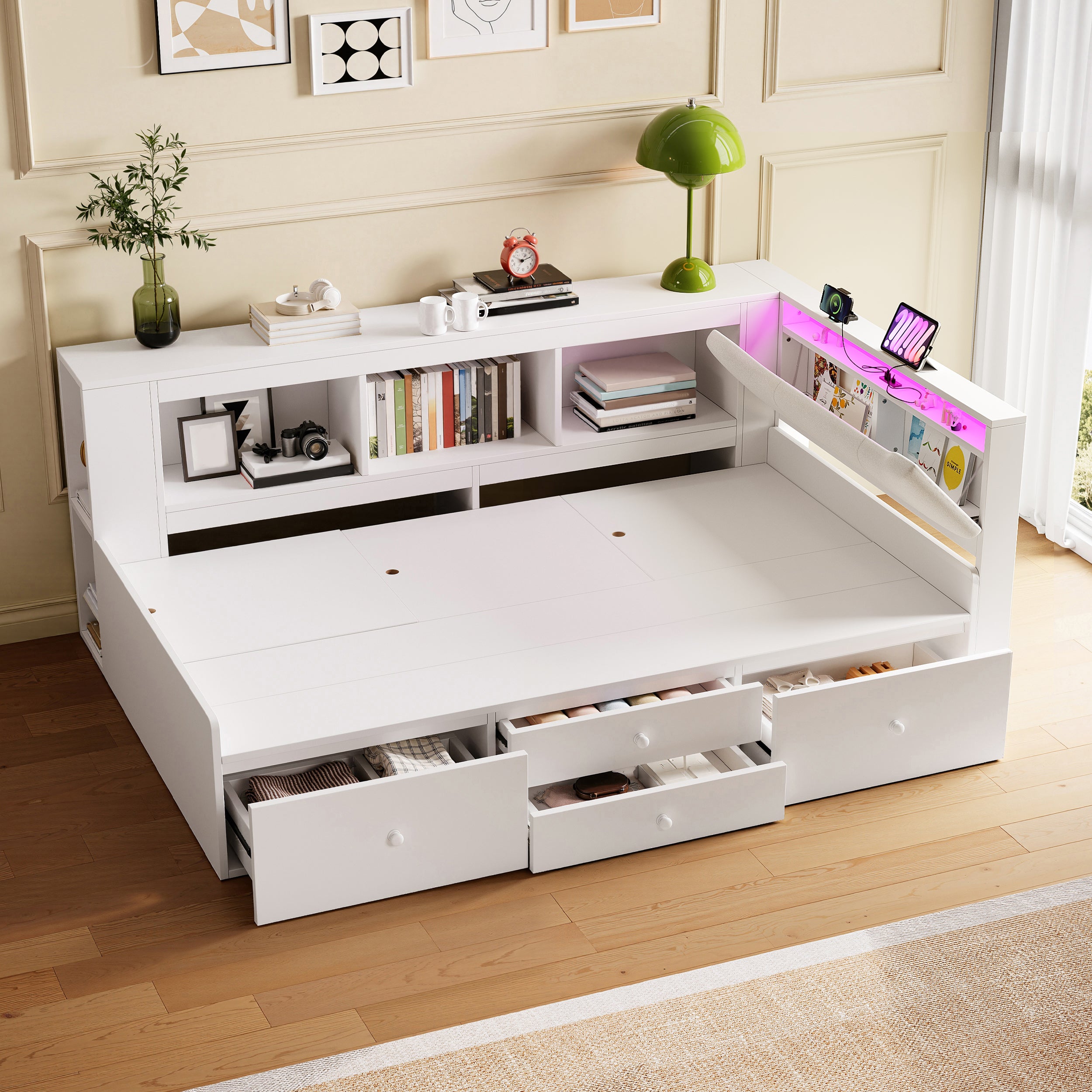 3ft Single Tatami Wooden Bed Frame with Underbed Storage and Drawers, LED Linen Headboard with Charging Station and Concealed Headboard Storage, Bedside Bookshelf Compartment, White (No Mattress)