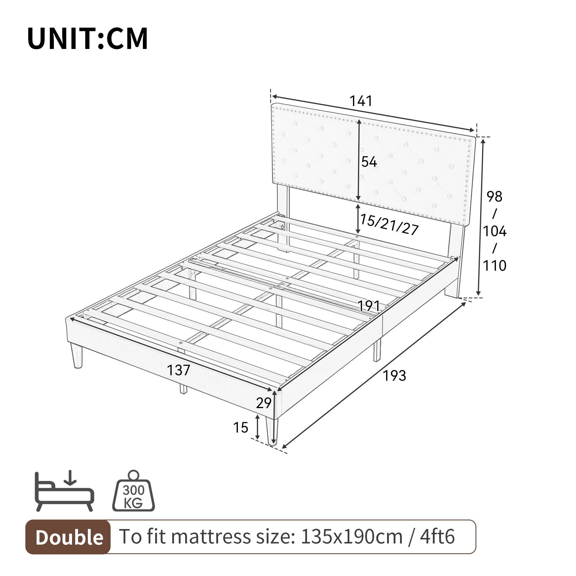 4ft6 Double Upholstered Velvet Bed Frame, with Adjustable Button-Tufted & Riveted Headboard, Velvet Platform Bed Frame with Solid Wood Slat and Mute Foam, No Box Spring Needed, Easy Assembly, Beige