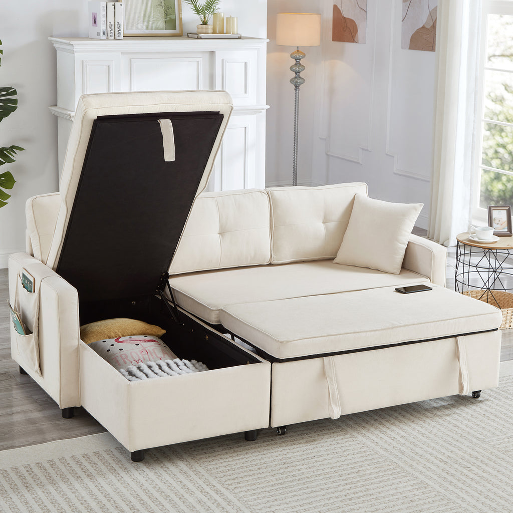 L-Shaped Pull Out Sleep Sofabed, Modern Reversible Sleeper Sectional Sofa, 3 in 1 Convertible Sofa Bed with Storage Chaise, Drop-Down Table, Cup Holders and Charging Ports (USB & Type-C), Beige
