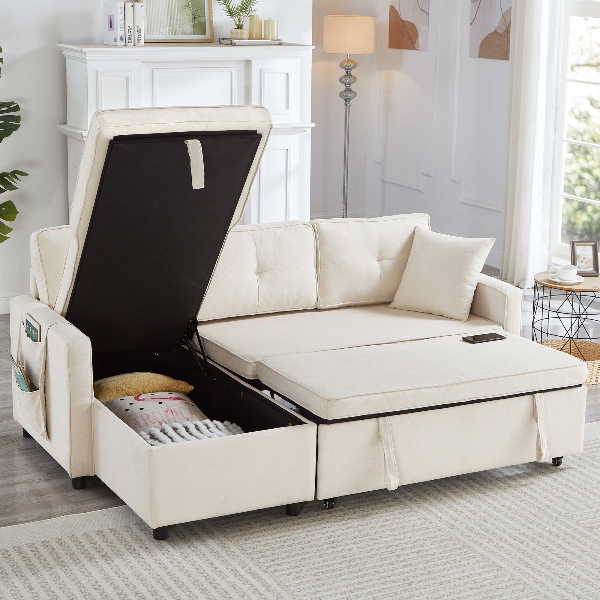 L-Shaped Pull Out Sleep Sofabed, Modern Reversible Sleeper Sectional Sofa, 3 in 1 Convertible Sofa Bed with Storage Chaise, Drop-Down Table, Cup Holders and Charging Ports (USB & Type-C), Beige