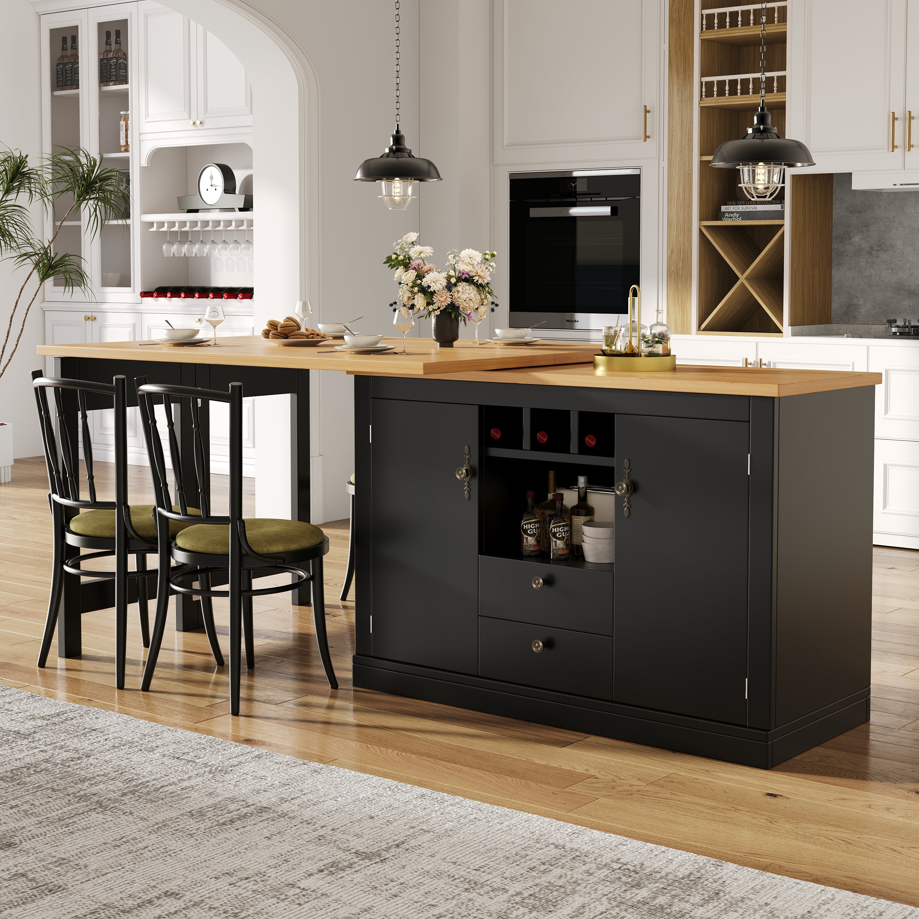 360° rotation, bar table (main body 120-180 x 40 x 76 cm), coffee bar furniture, rotatable dining bar with storage, kitchen island, double doors with wine rack, adjustable shelves, open storage space